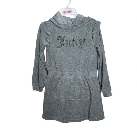 Juicy Couture Little Girls Gray Rhinestone Logo Velour Long Sleeve Ruffle Dress - Picture 2 of 7